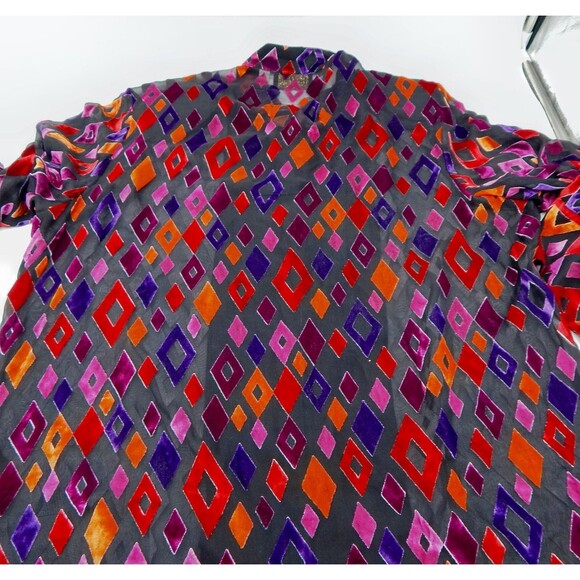 Bob Mackie Top Kimono Womens 1X Diamond Velvet Burnout Sheer Silk Blend Button - Picture 2 of 11